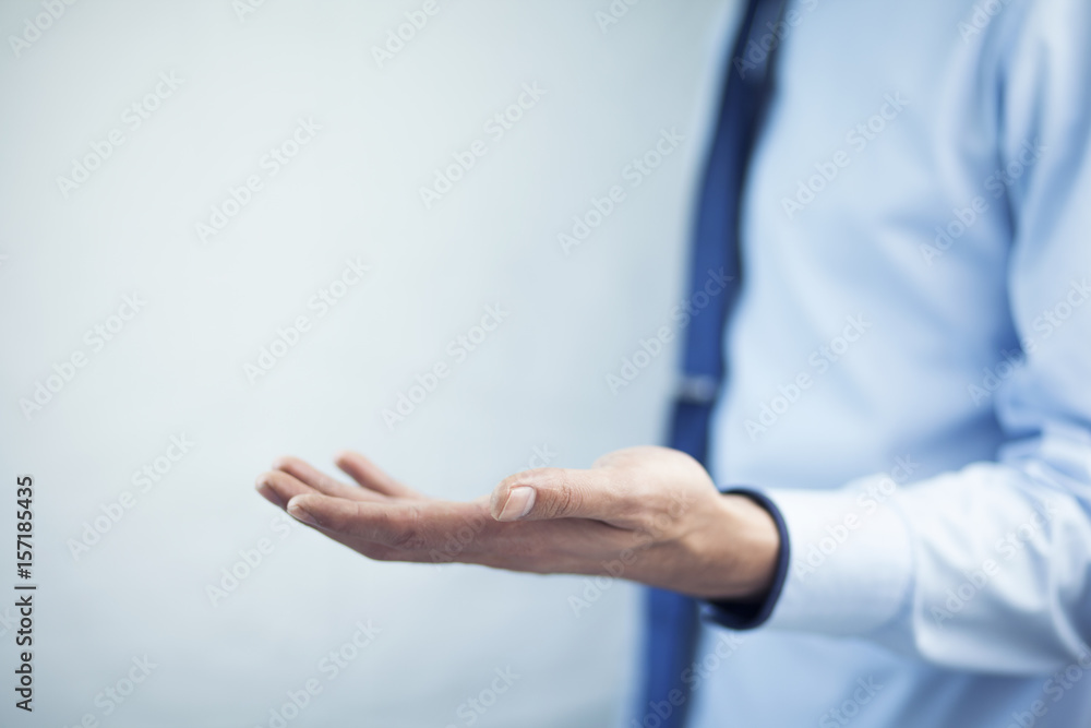 Poster man hand showing something on empty palm