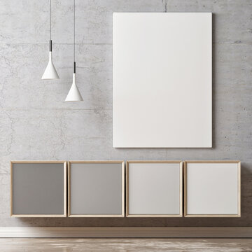 White poster, gray scale color chest of drawers, 3d illustration