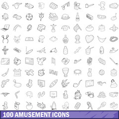 100 amusement icons set, outline style