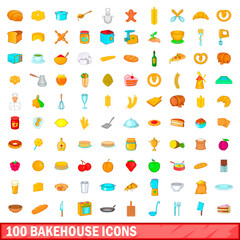 100 bakehouse icons set, cartoon style
