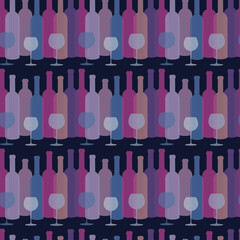 Seamless pattern with bottles of wine and wineglasses on dark background.