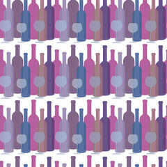 Seamless pattern with bottles of wine and wineglasses on white background.