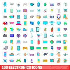 100 electronics icons set, cartoon style
