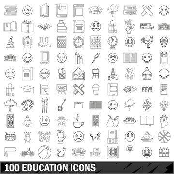 100 education icons set, outline style