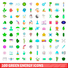 100 green energy icons set, cartoon style