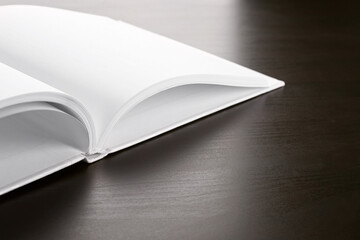 Blank pages of opened book on black background