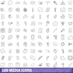 100 media icons set, outline style