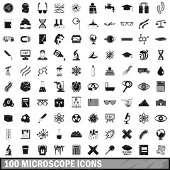 100 microscope icons set, simple style 