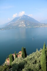 Varenna and Lake Como in summer view from Castello di Vezio, Lombardy Italy 