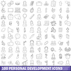 100 personal development icons set, outline style