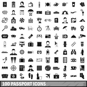 100 passport icons set, simple style 