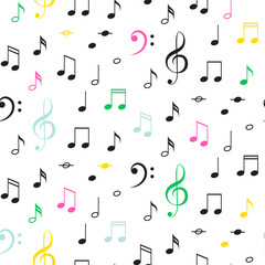 Music notes seamless vector pattern. Black and color notes on white background.