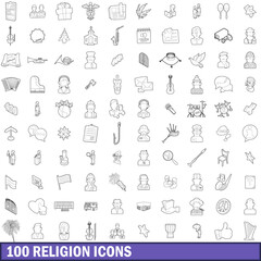 100 religion icons set, outline style