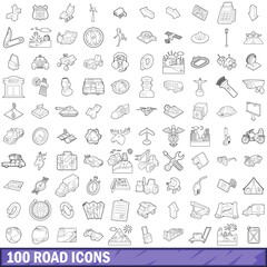 100 road icons set, outline style