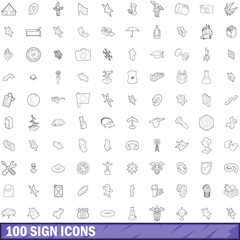 100 sign icons set, outline style