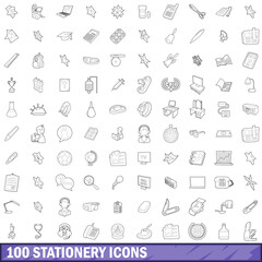 100 stationery icons set, outline style