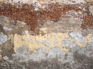 Damaged brick wall with peeling plaster background for design