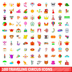 100 traveling circus icons set, cartoon style