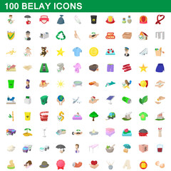 100 belay icons set, cartoon style