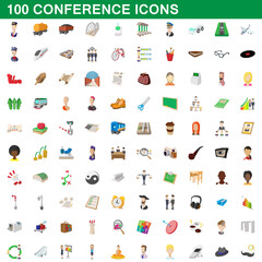 100 conference icons set, cartoon style