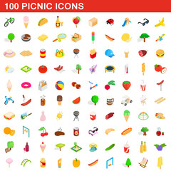 100 picnic icons set, isometric 3d style