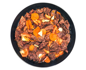 frayed meat in pan