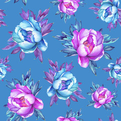 Obraz na płótnie Canvas Floral seamless pattern with flowering pink and blue peonies, on blue background. Watercolor hand drawn painting illustration. Pop-art style, isolated. Design for fabric, wrap paper or wallpaper. 