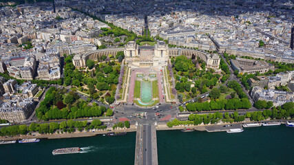Aerial view of Trocadero gardens from Eiffel tower with beautiful scattered clouds, Paris, France