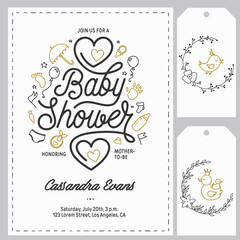 Baby shower invitation templates set. Hand drawn vintage illustration. - obrazy, fototapety, plakaty