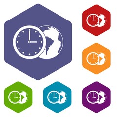 World planet with watch icons set hexagon