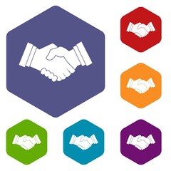 Business handshake icons set hexagon