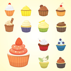 Set of cute vector cupcakes and muffins. Colorful cupcake isolated for food poster design.