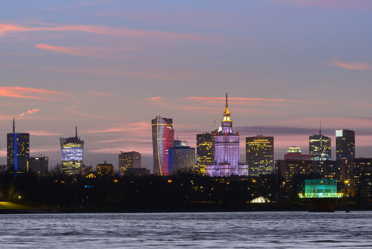 Fototapeta Panorama of Warsaw skyline during sunset