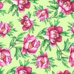 Fototapeta premium Vintage floral seamless pattern with flowering pink peonies, on greenery background. Elegance watercolor hand drawn painting illustration. Isolated. Design for fabric, wrap paper or wallpaper. 