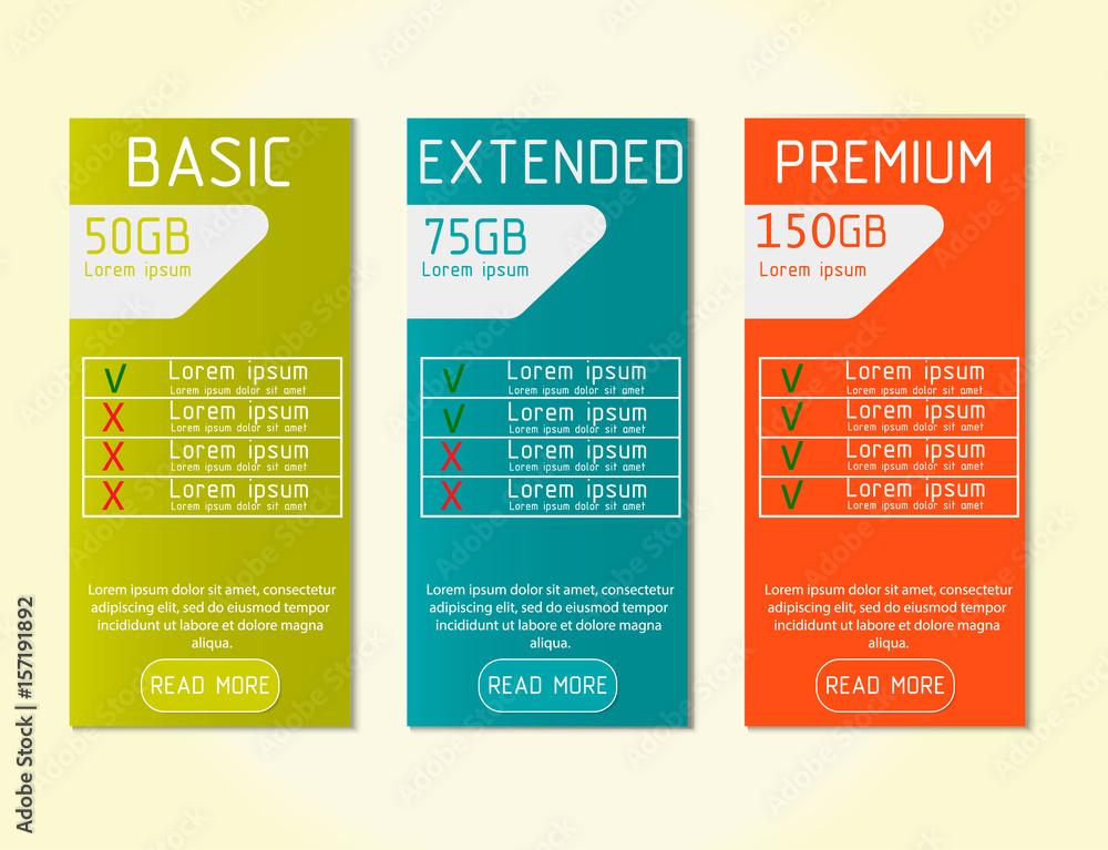 Poster price list, hosting plans and web boxes banners design. three tariffs. interface for the site. ui ux