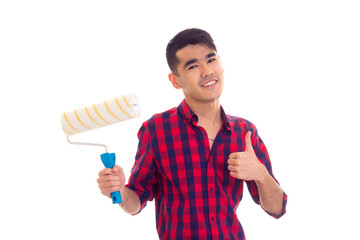 Young man holding a roll