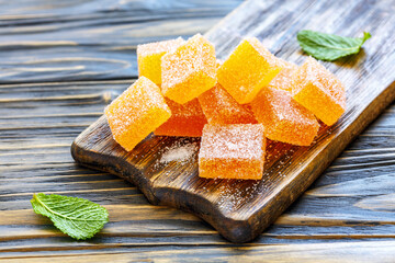 Cubes of homemade orange marmalade.