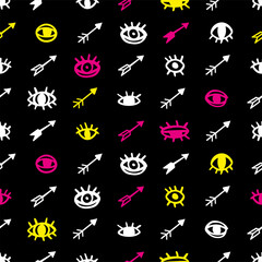 Hand drawn seamless pattern with eyes and arrows