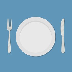 Plate, knife and fork on a blue background. Vector illustration.