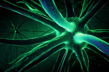 Closeup of green neuron