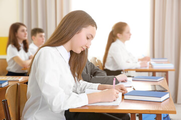 Pupils sitting at desk in classroom