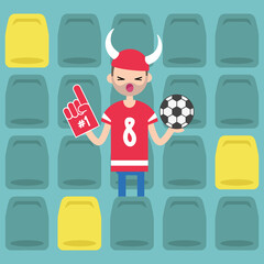 Young bearded man wearing horned hat and foam finger at the stadium / flat editable vector illustration, clip art