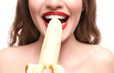 Beautiful woman with banana, closeup