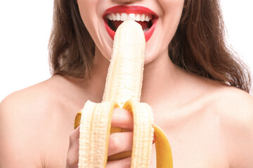 Beautiful woman with banana, closeup