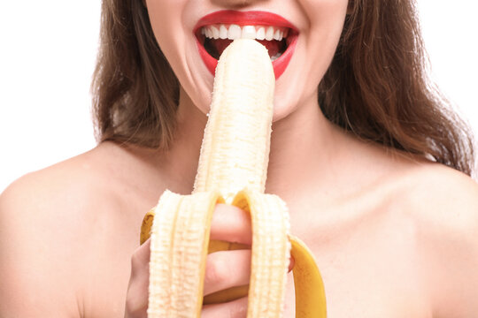 Beautiful woman with banana, closeup