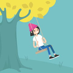 Young girl sitting on the swing / editable flat vector illustration