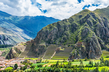 Inca Fortress with Terraces and Temple Hill in Ollantaytambo, Peru. - 157196457