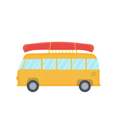 Yellow bus for camping and travel with canoe on top, vector illustration in style of flat design