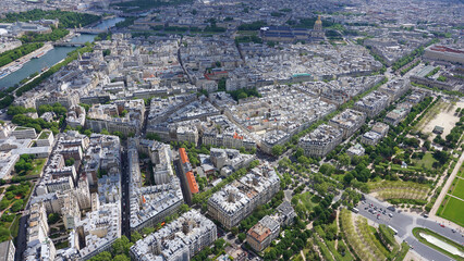 Aerial view of city of Paris from Eiffel tower with beautiful scattered clouds, Paris, France