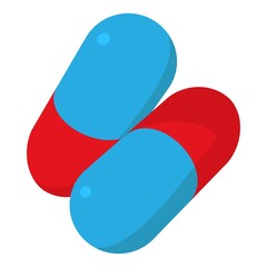 Red and blue capsule pill icon, cartoon style